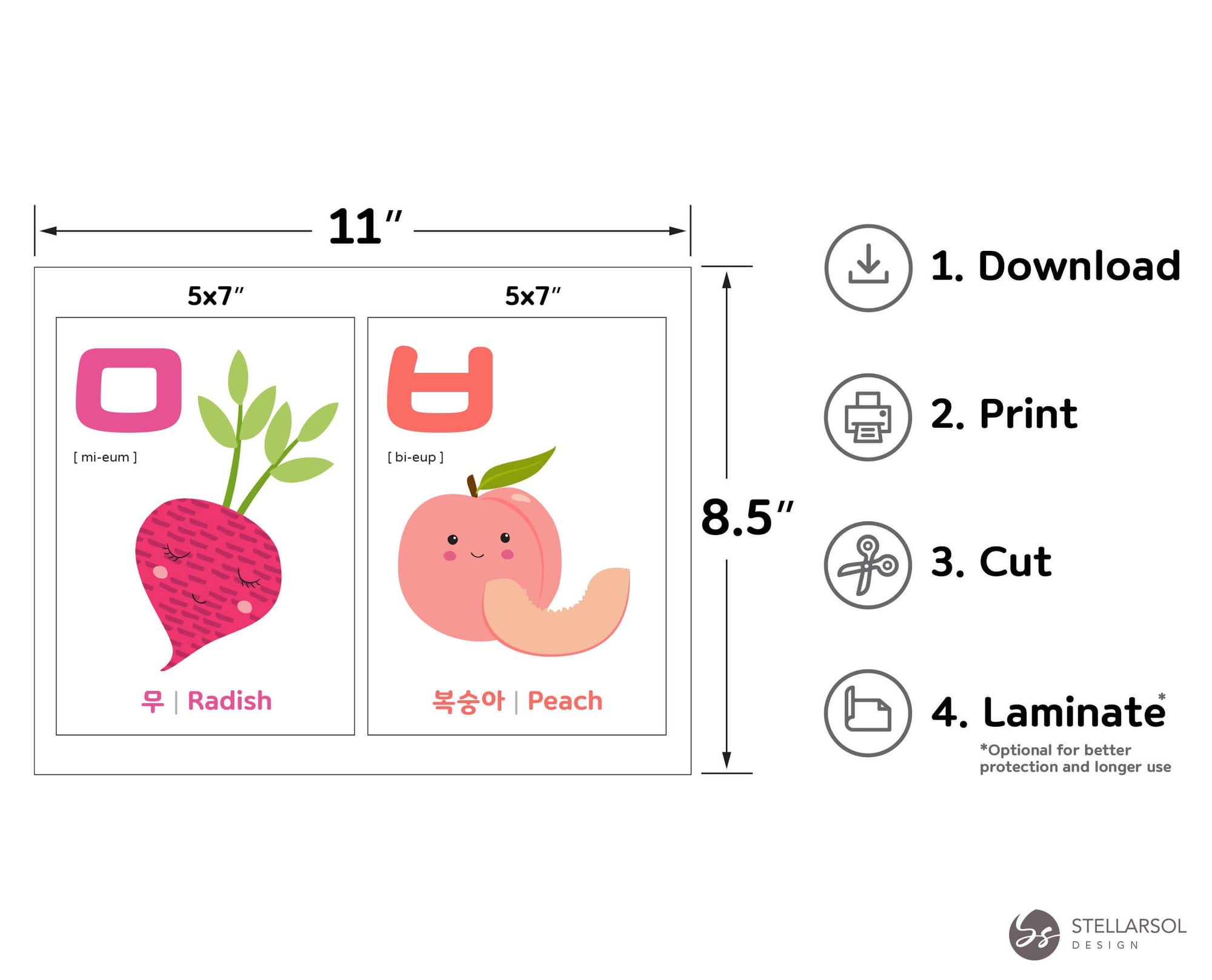 Printable Korean Fruit+Vegetable (과일, 야채) Flashcards Bundle
