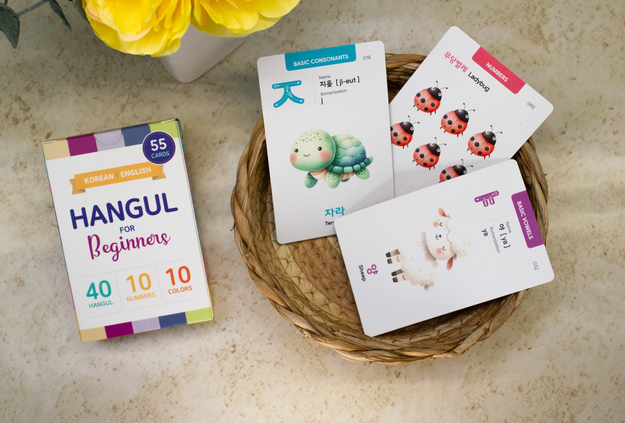 55 Korean Hangul Flashcards for Beginners: 40 Hangul+10 Numbers+10 Colors